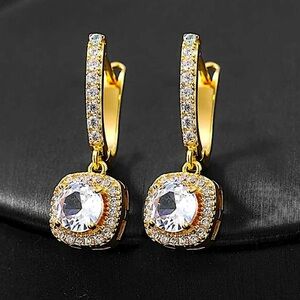 Gold Cubic Zircon Princess Square Cut Diamond Drop Dangle Earrings